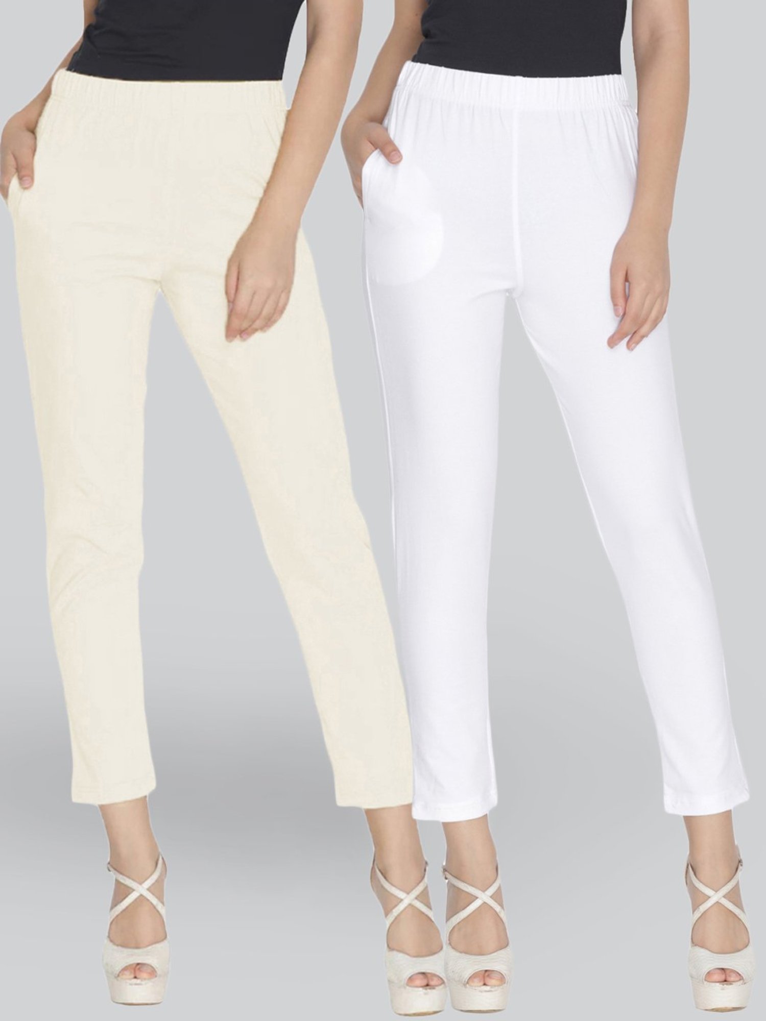 Lyra Cream & White Cotton Leggings - Pack Of 2