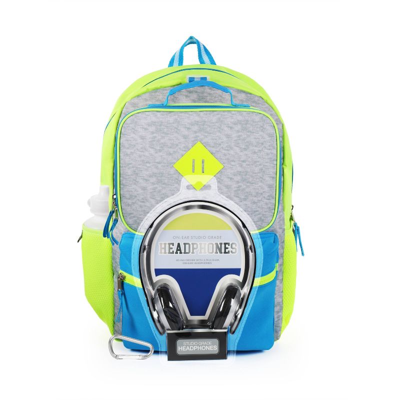 L2D 16" Backpack with Lunch Bag and Headphones - Neon Blue on Gray