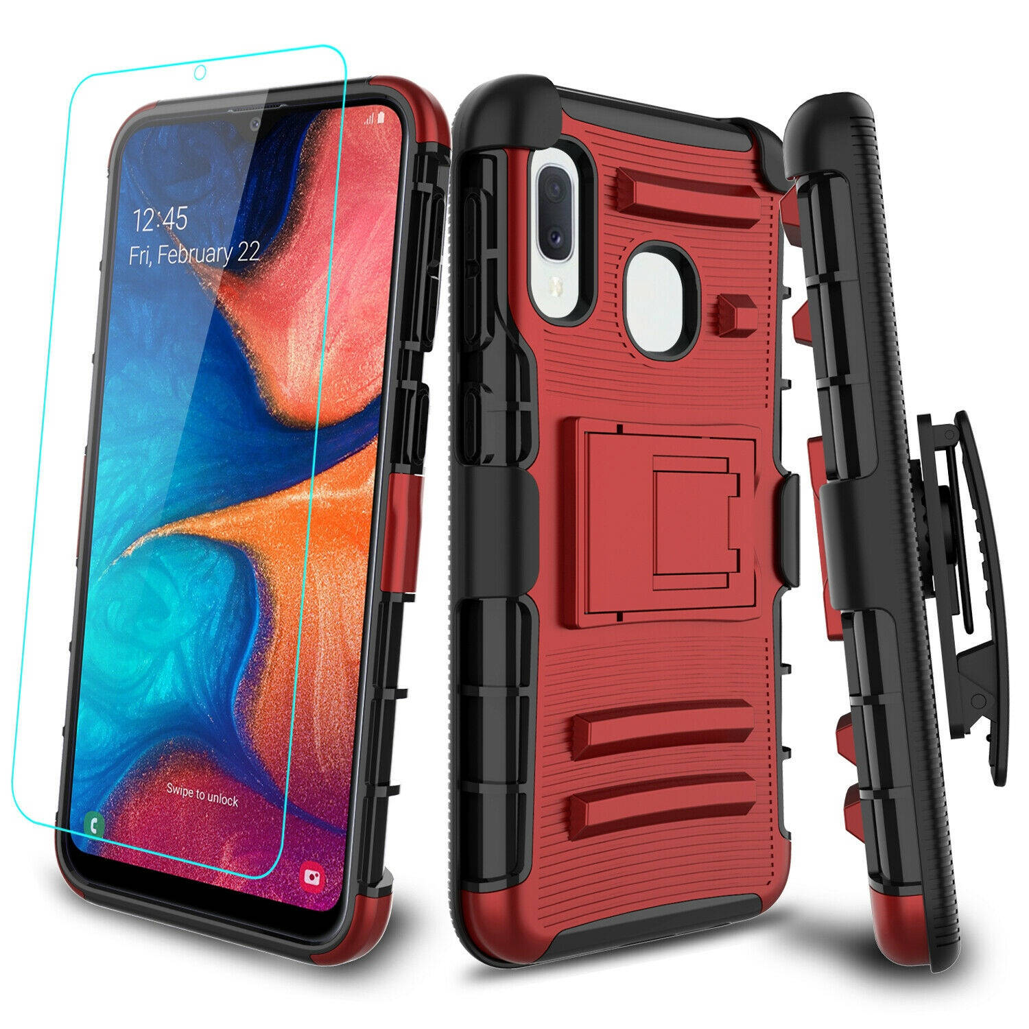 For  Galaxy A10e A20 Case Kickstand Belt Clip ,Tempered Screen Protector