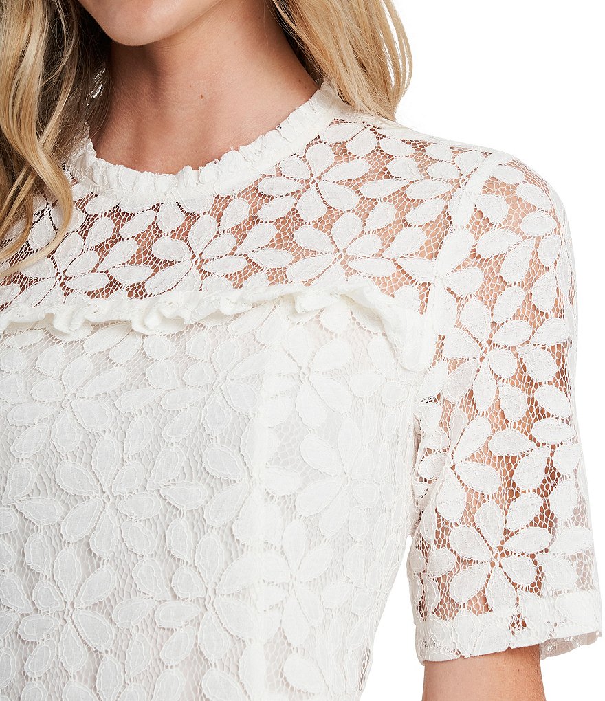 CeCe Elbow Sleeve Illusion Yoke Ruffled Hem Lace Dress