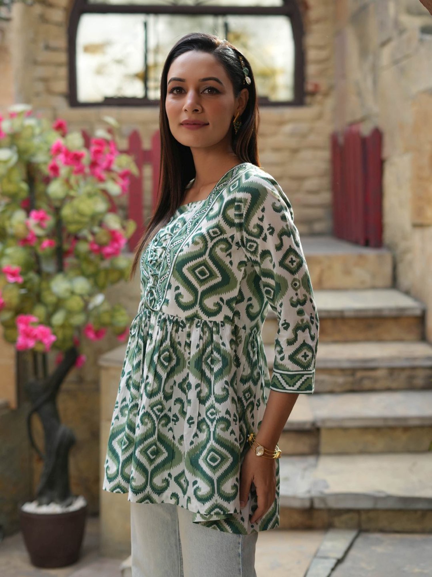 Rain and Rainbow Green Cotton Floral Print Top