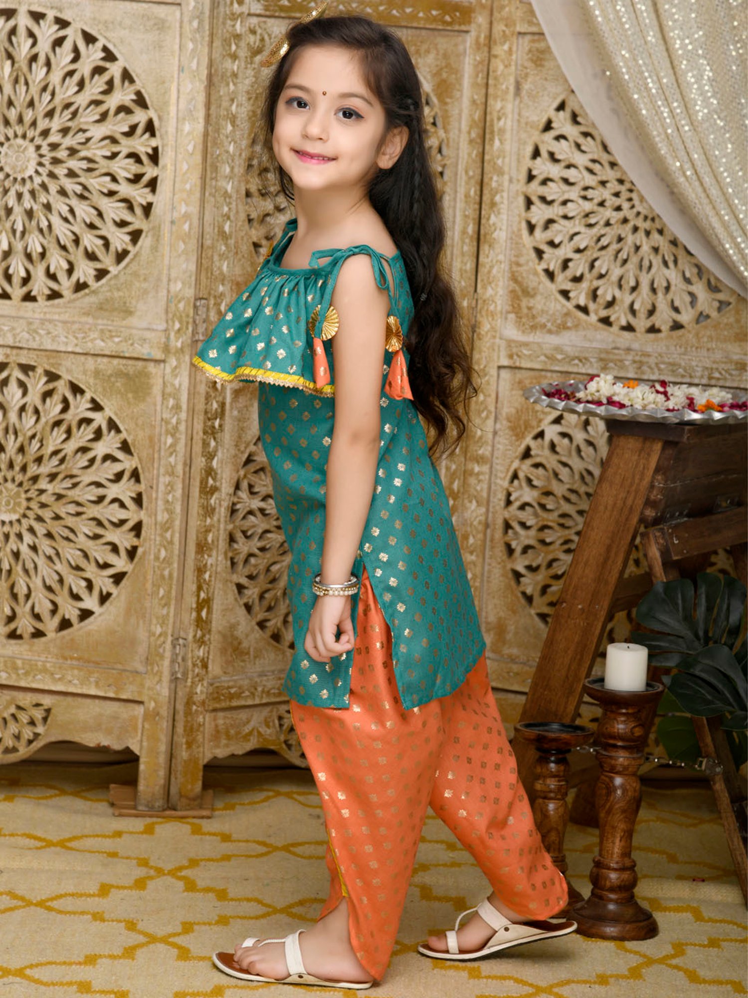 Saka Designs Kids Teal & Orange Printed Kurta with Dhoti