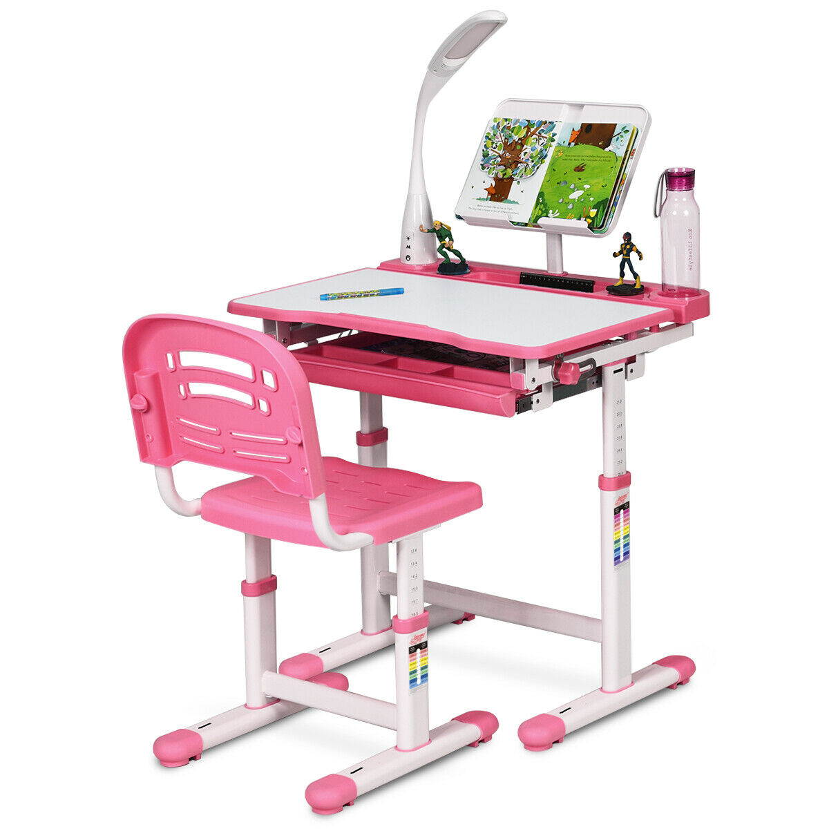 Height Adjustable Kids Desk Chair Set Study Drawing w/Lamp & Bookstand Pink