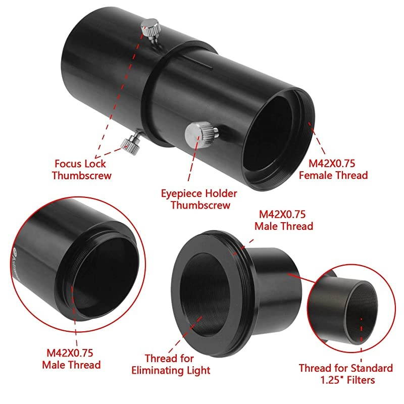1.25" Extendable Camera Adapter - for Either Prime-Focus Or Eyepiece-Projection Astrophotography with Refractors or Reflector Telescopes - Threaded for Standard 1.25inch Astronomy Filters