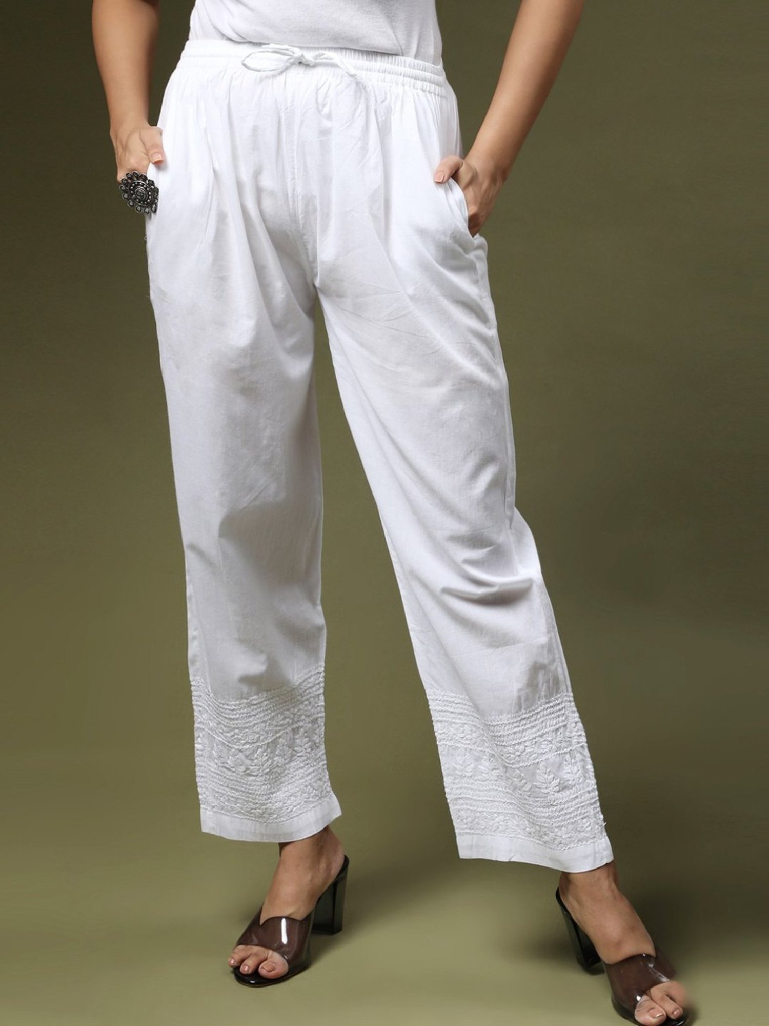 HOK Chikankari Cotton Pant Trouser White