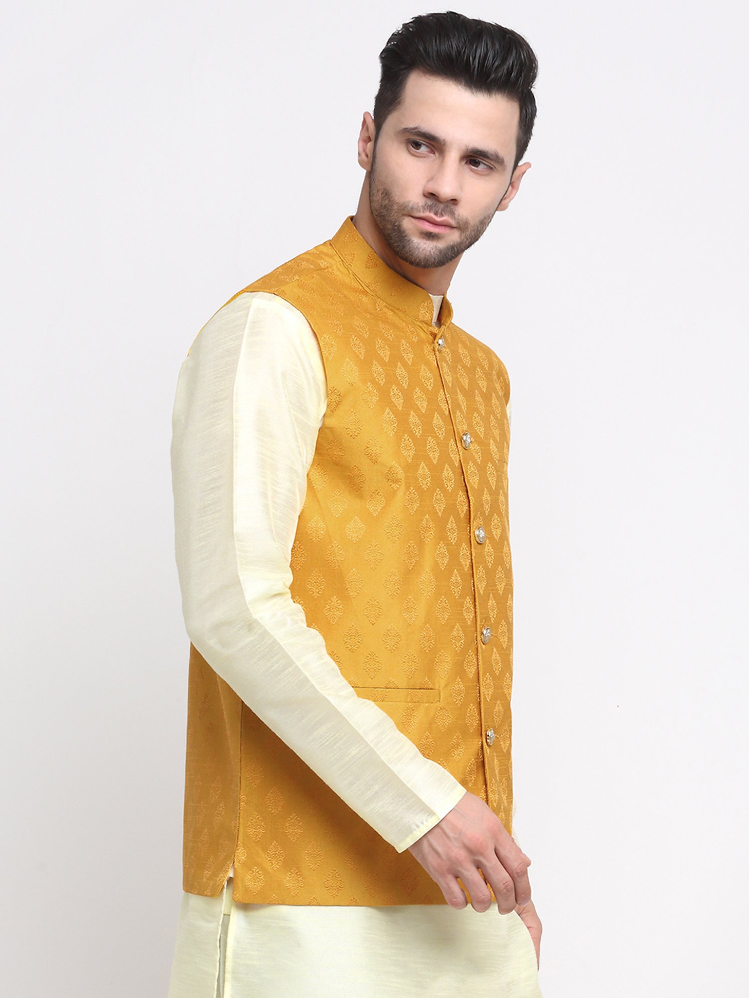 Neudis Men Yellow Printed Sleeveless Nehru Jacket