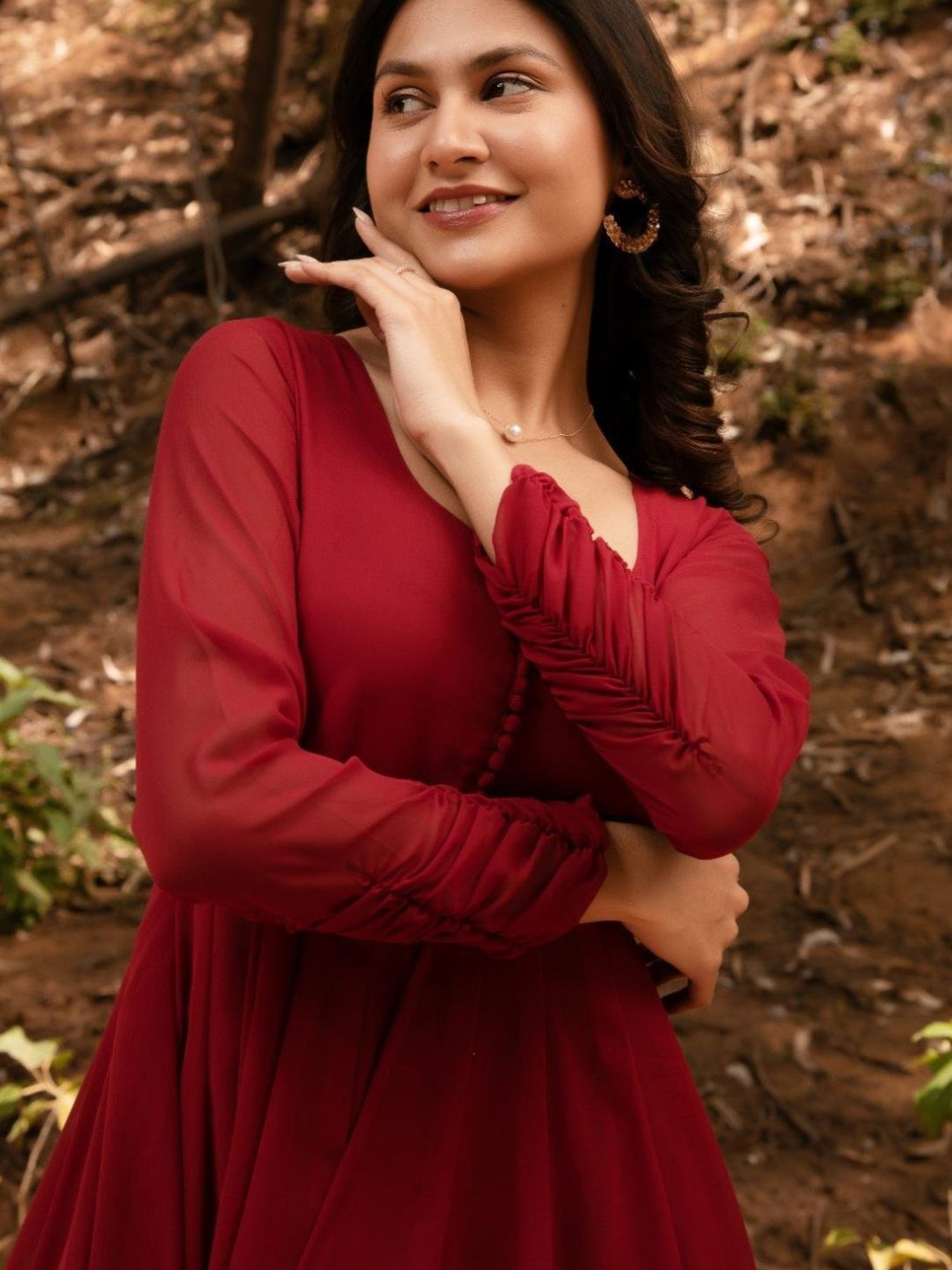 Calmna Maroon Georgette Cape with Pant Co-ord Set