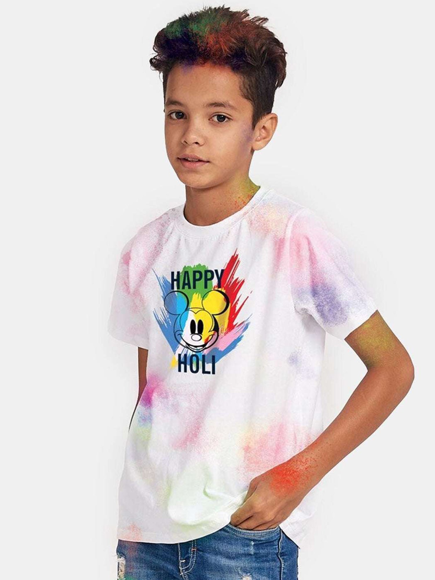 Bonkids White Cotton Disney Mickey Holi Printed T-Shirt