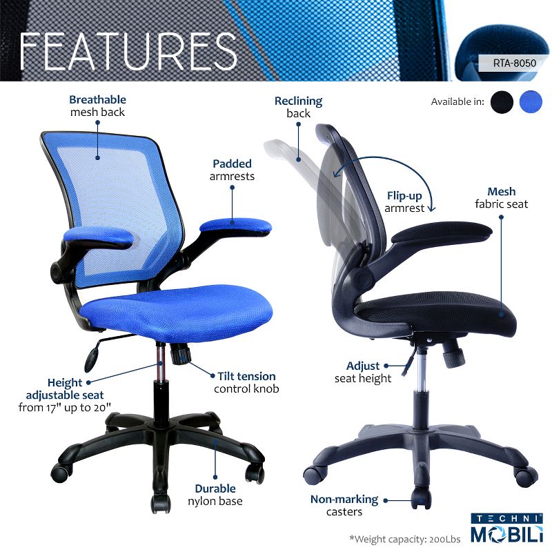 Mesh Task Office Chair with Flip Up Arms Black - Techni Mobili