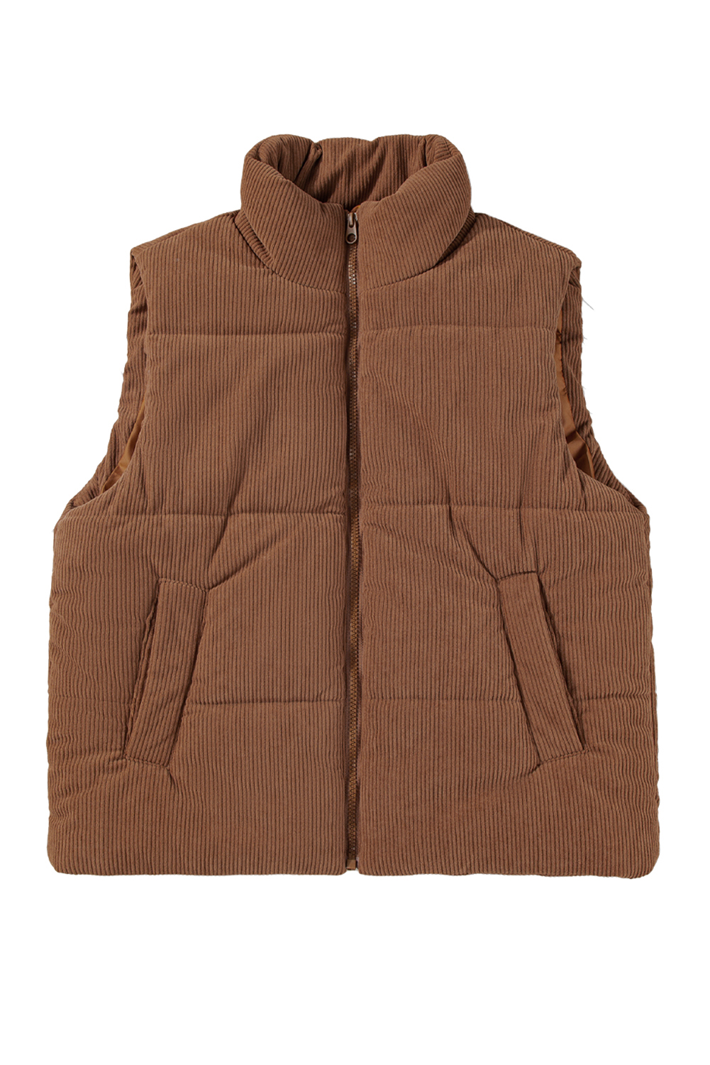 Coffee Solid Color Corduroy Puffer Vest Coat