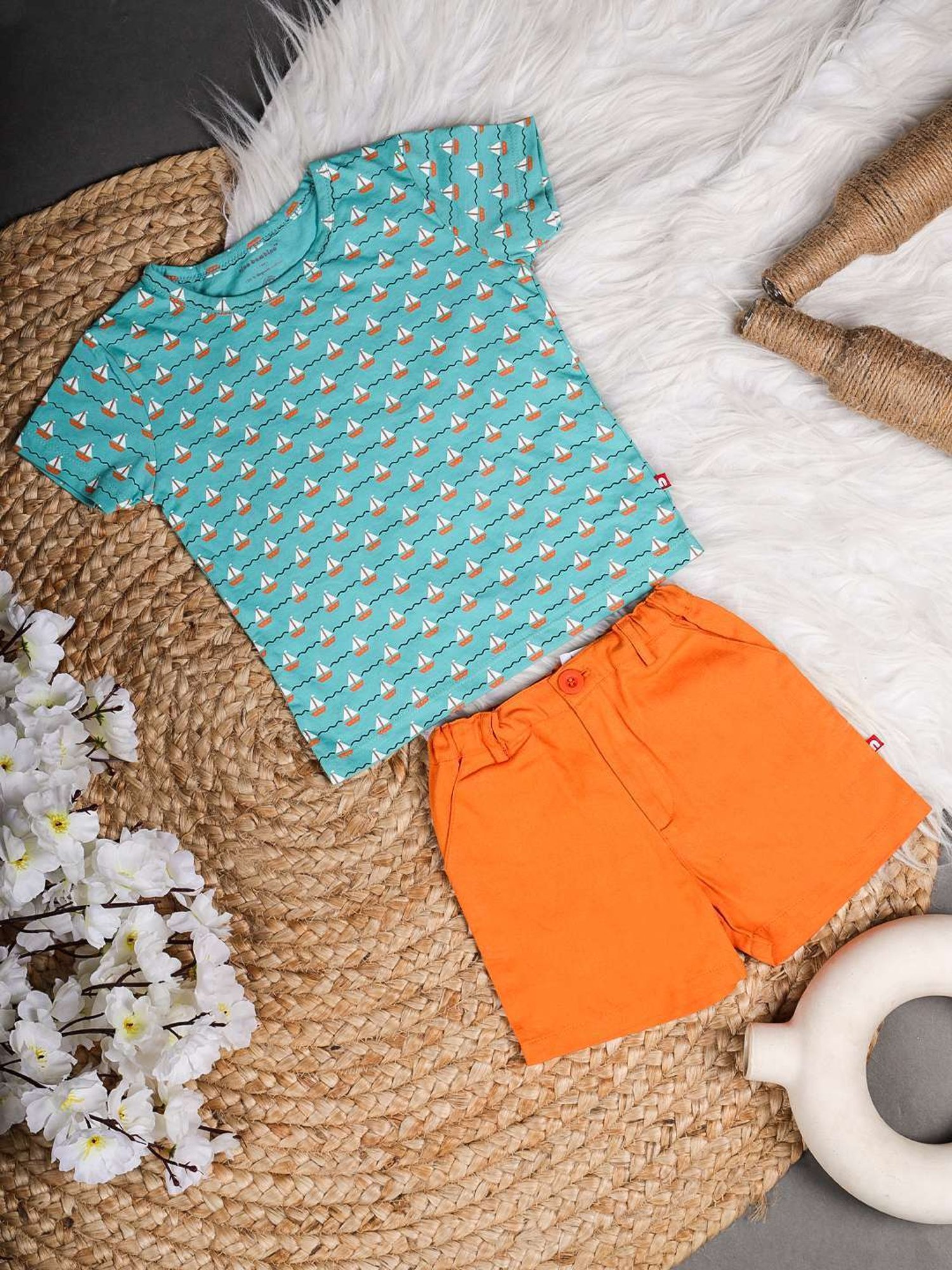 Nino Bambino Kids Blue & Orange Cotton Printed T-Shirt Set