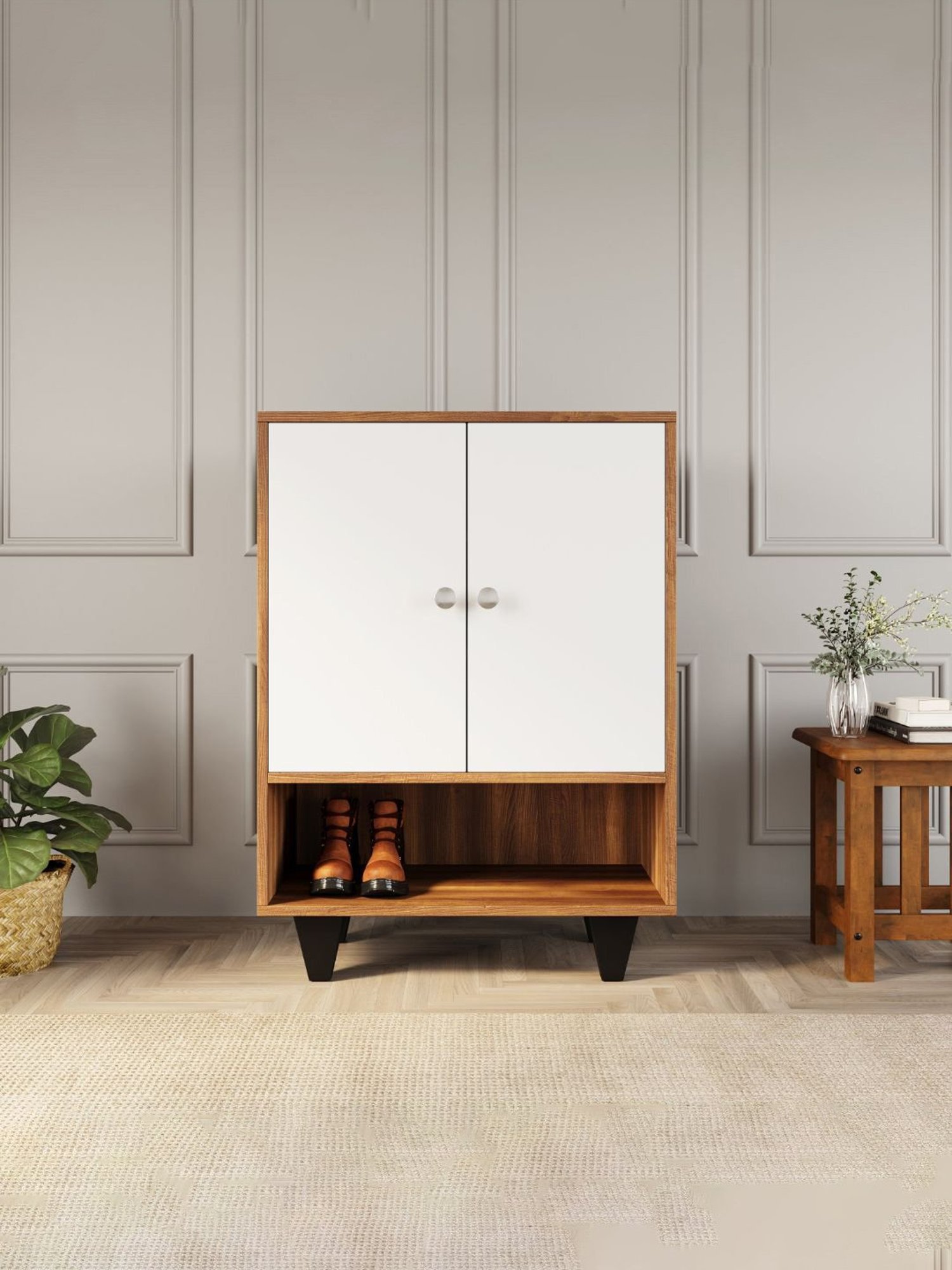 @home Astero Walnut Brown & White Engineered Wood Shoe Cabinet