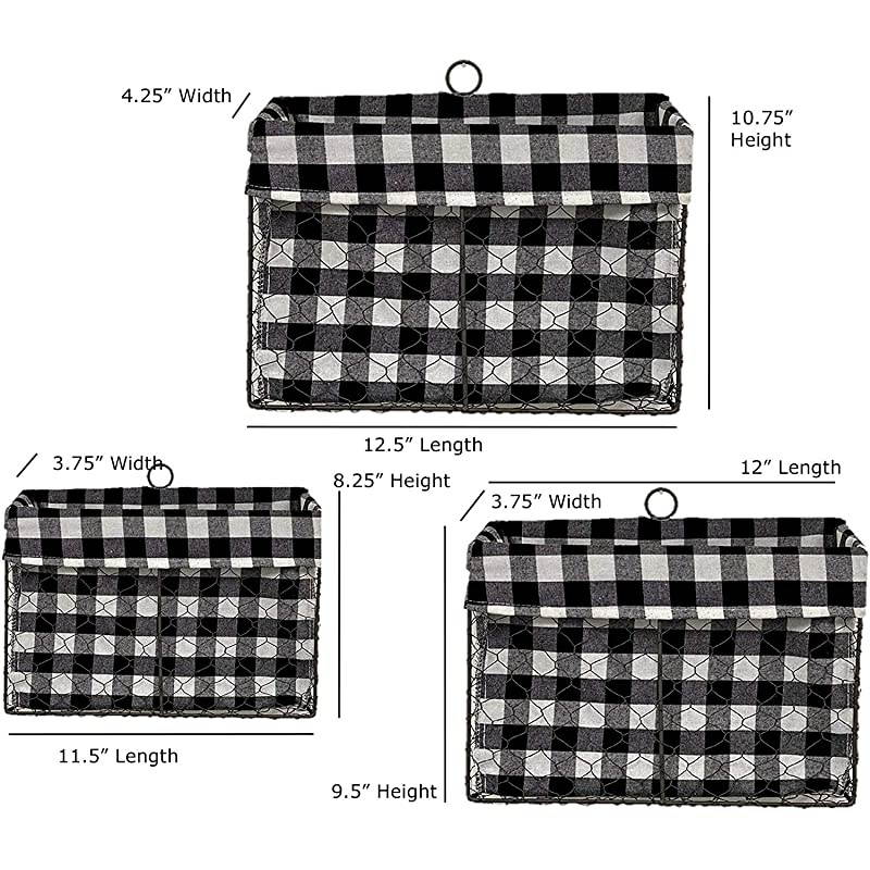 SET OF 3 Farmhouse Wall Mount Wire Baskets Liner Set Home and Kitchen Storage (Farmhouse Wall Baskets - Black & White Checkered)