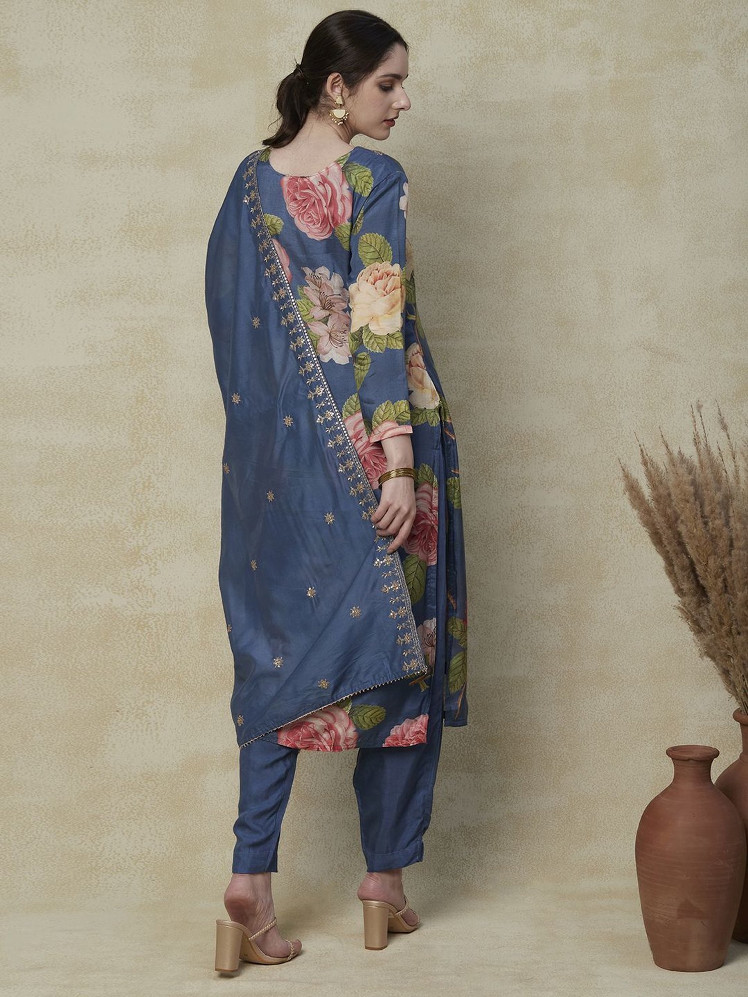 Fashor Blue Printed Kurta Pant Set With Dupatta