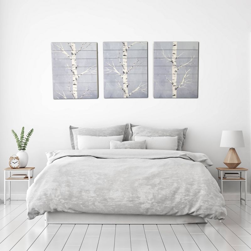 (Set of 3) 16" x 20" Birch Trees Each Print on Planked Wood Wall Sign Panel Blue - Gallery 57