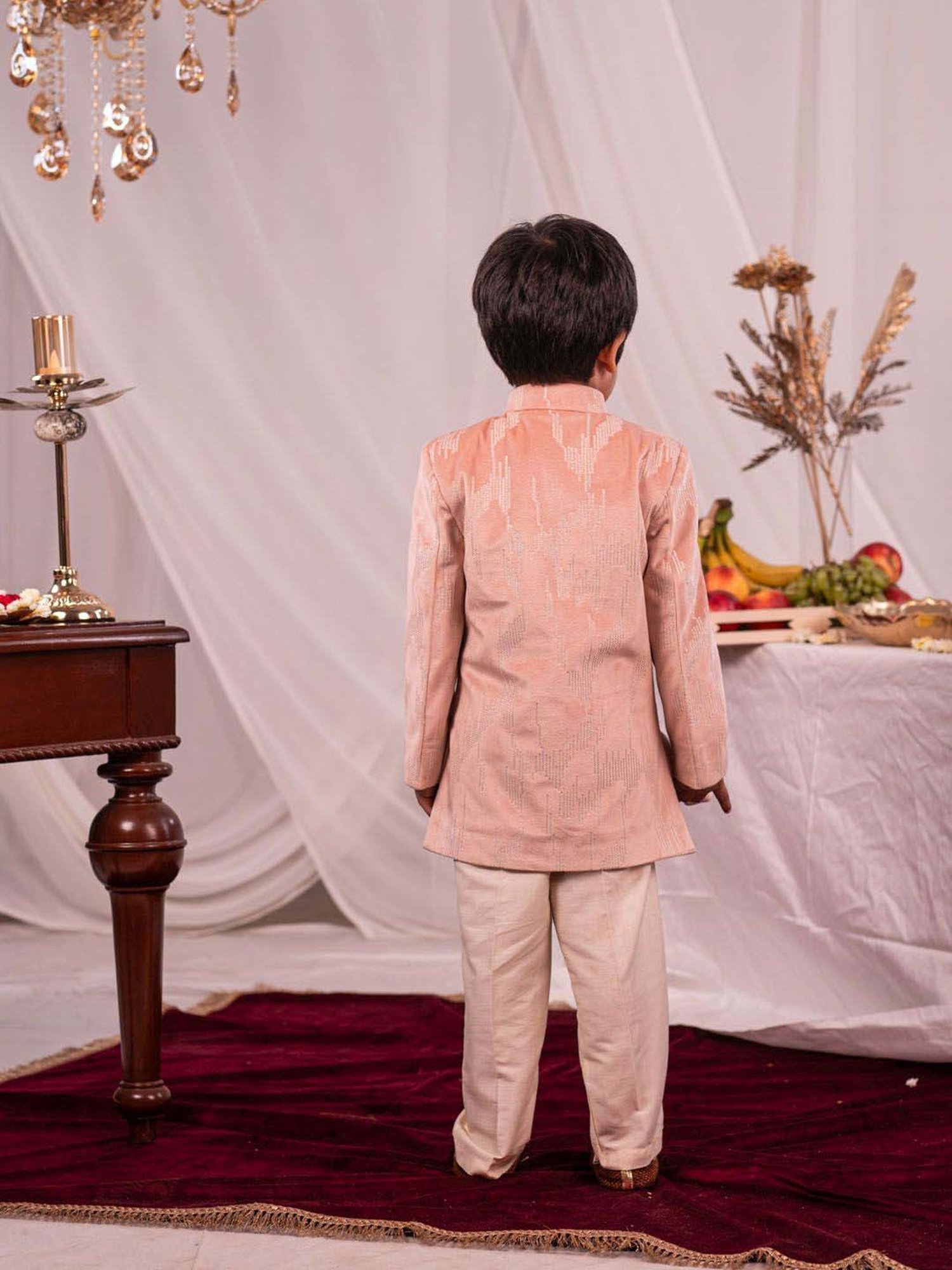 VASTRAMAY Boys Peach & Cream Embroidery Full Sleeves Indowestern Sets