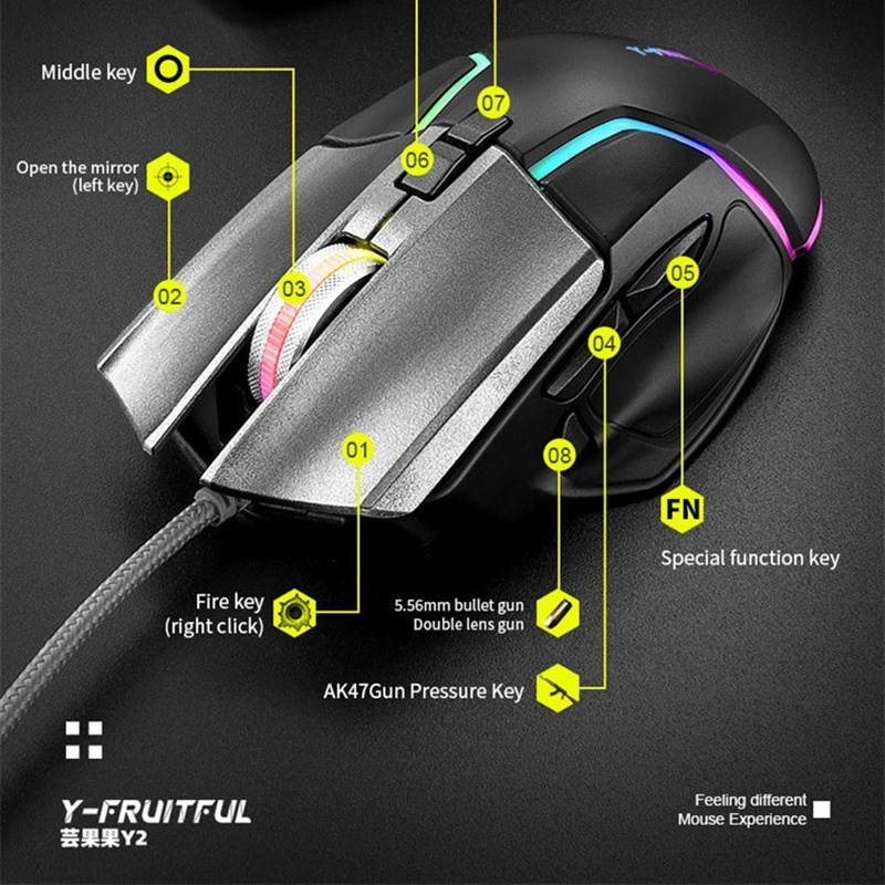 Y-FRUITFUL Gaming Mouse Ergonomic Wired Mouse 8-Key LED 6400 DPI Optical Macro Programmable USB Computer Mouse Wired Gaming Mouse with Backlight for PUBG FPS