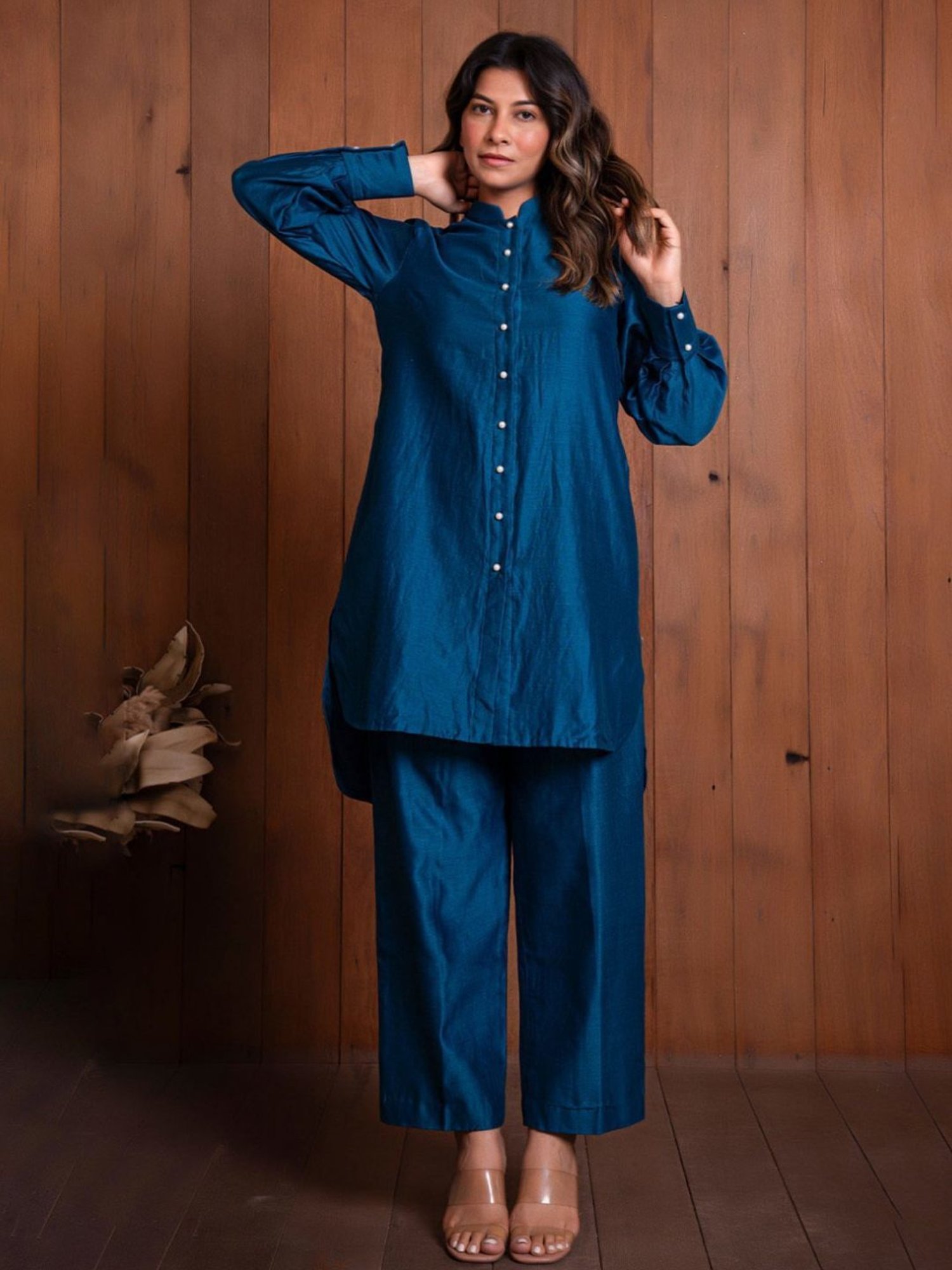 Eeshva India Blue Solid Chanderi Kurta with Pant