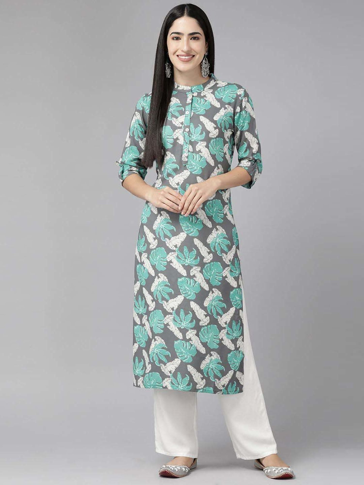 Cayman Grey & Turquoise Cotton Floral Print Straight Kurta