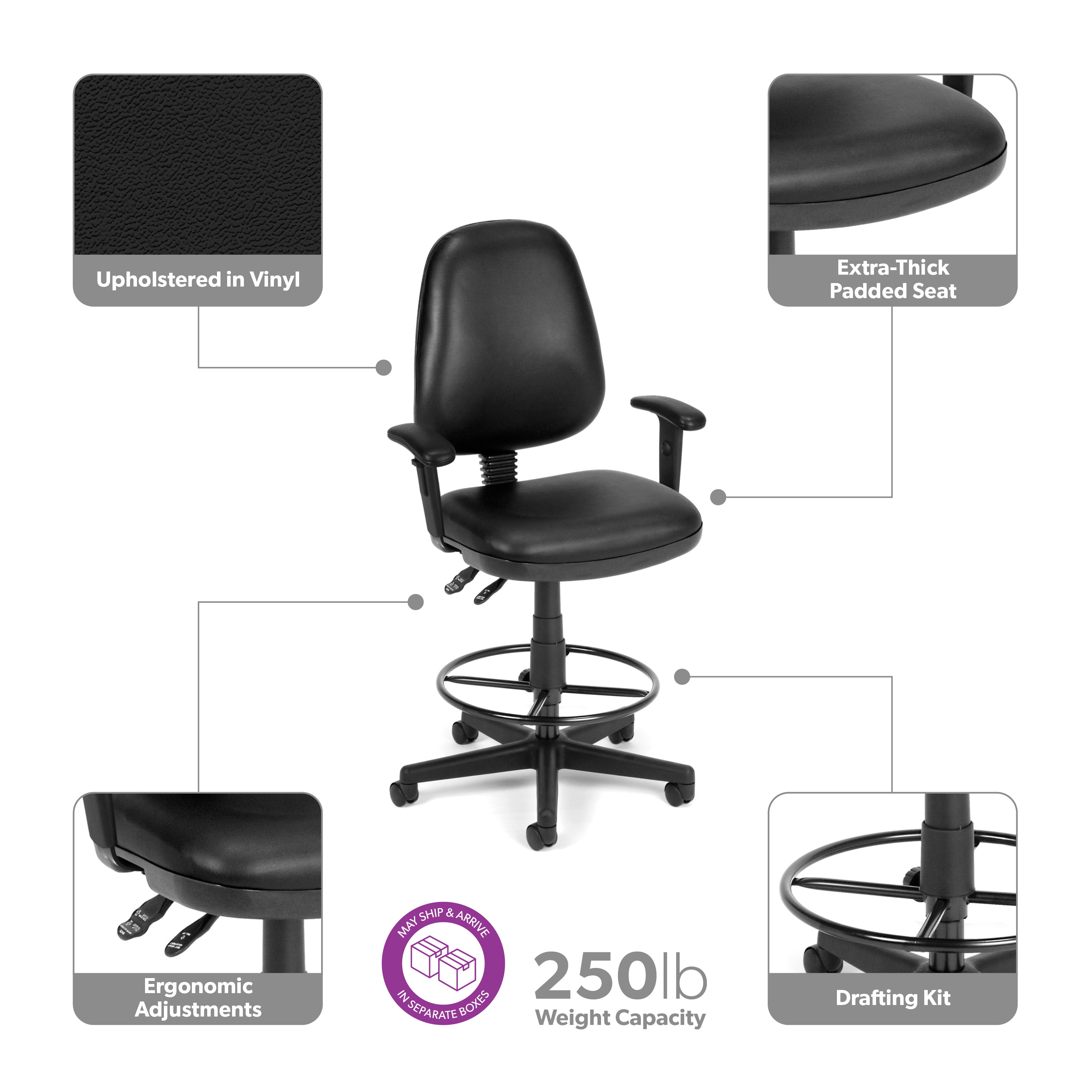OFM Straton Series Vinyl Task Chair with Arms and Drafting Kit, in Black (119-VAM-AADK-66)