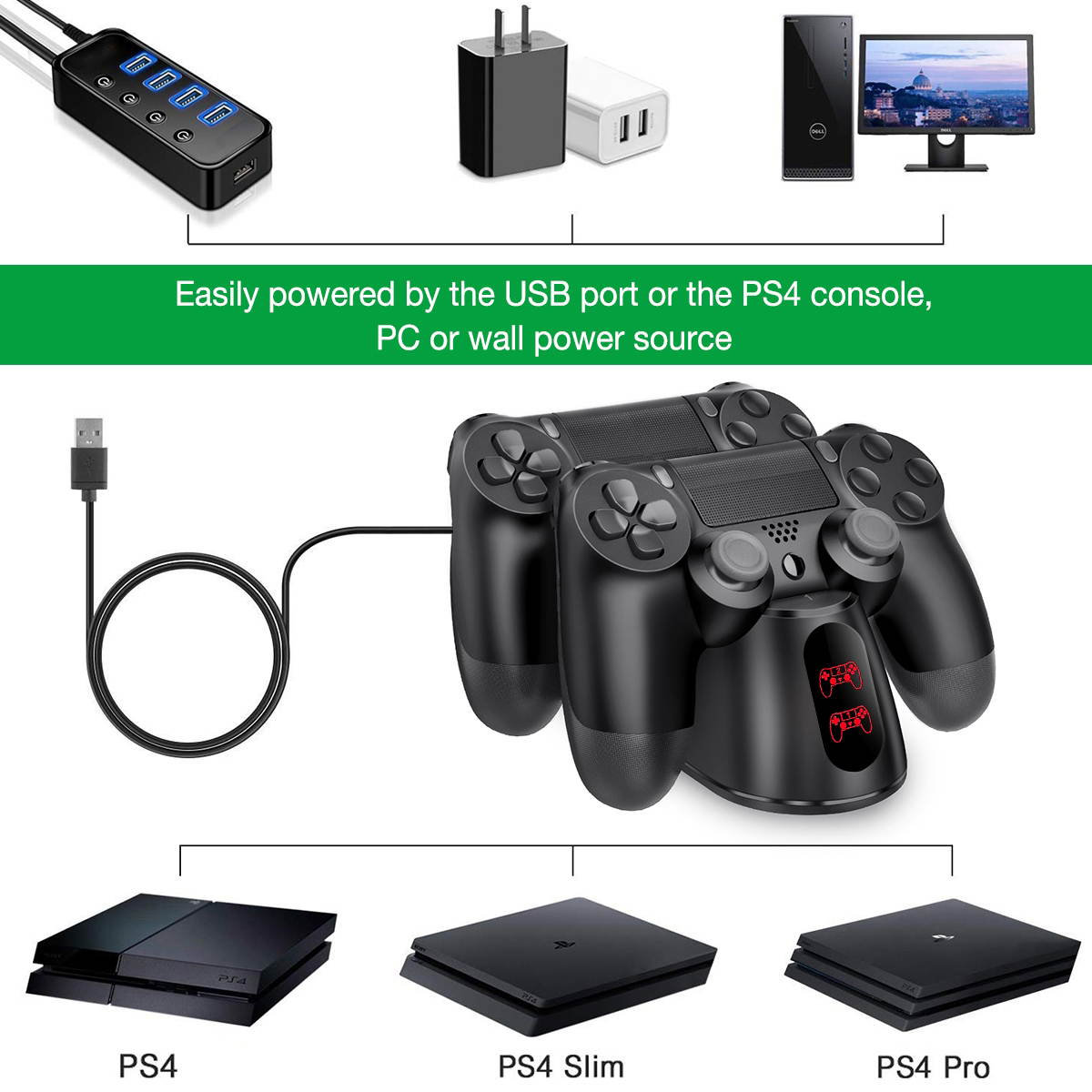BEBONCOOL ps4 controller charger station,PS4 Wireless Charger Dual USB Fast Charging for Sony Playstation 4/PS4/ Pro /PS4 Slim Controller