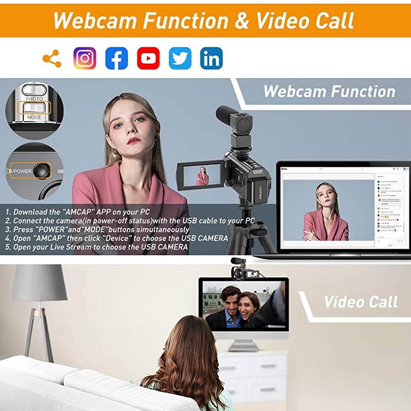 Camera Camcorder YouTube Vlogging Camera Recorder FHD 1080P 24.0MP 3.0 Inch 270 Degree Rotation Screen 16X Digital Zoom Camcorder with Microphone,Remote Control,Lens Hood and 2 Batteries