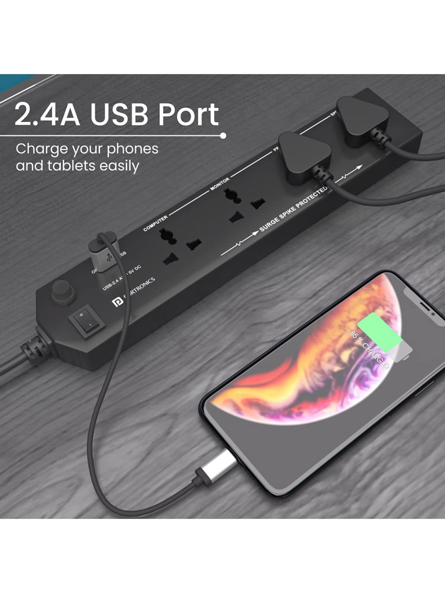 Portronics Power Plate 4 POR-1291 with 4 Power Sockets and USB Port Surge Protector (Black)