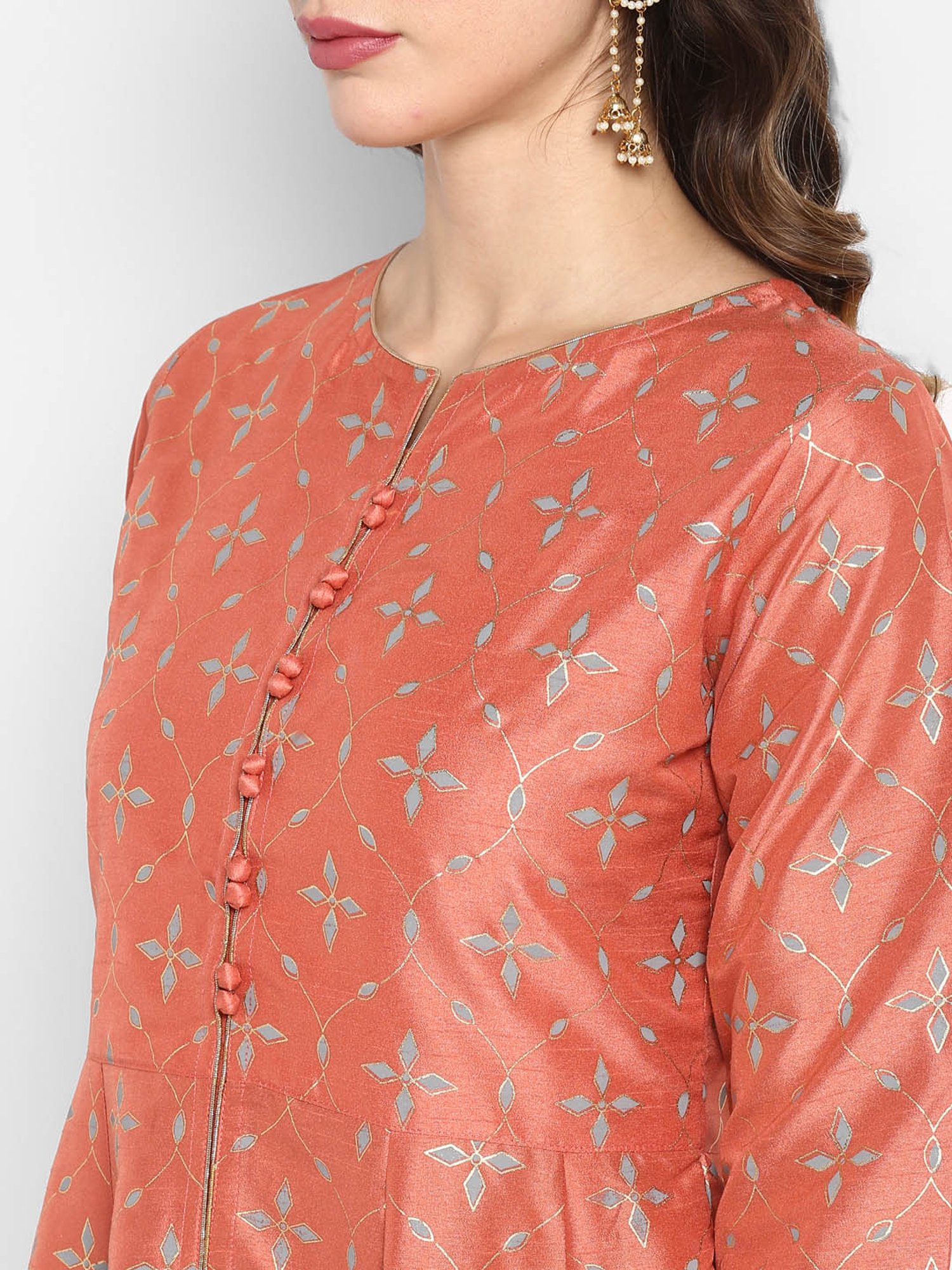 Janasya Peach & Grey Printed Kurta With Palazzo & Dupatta
