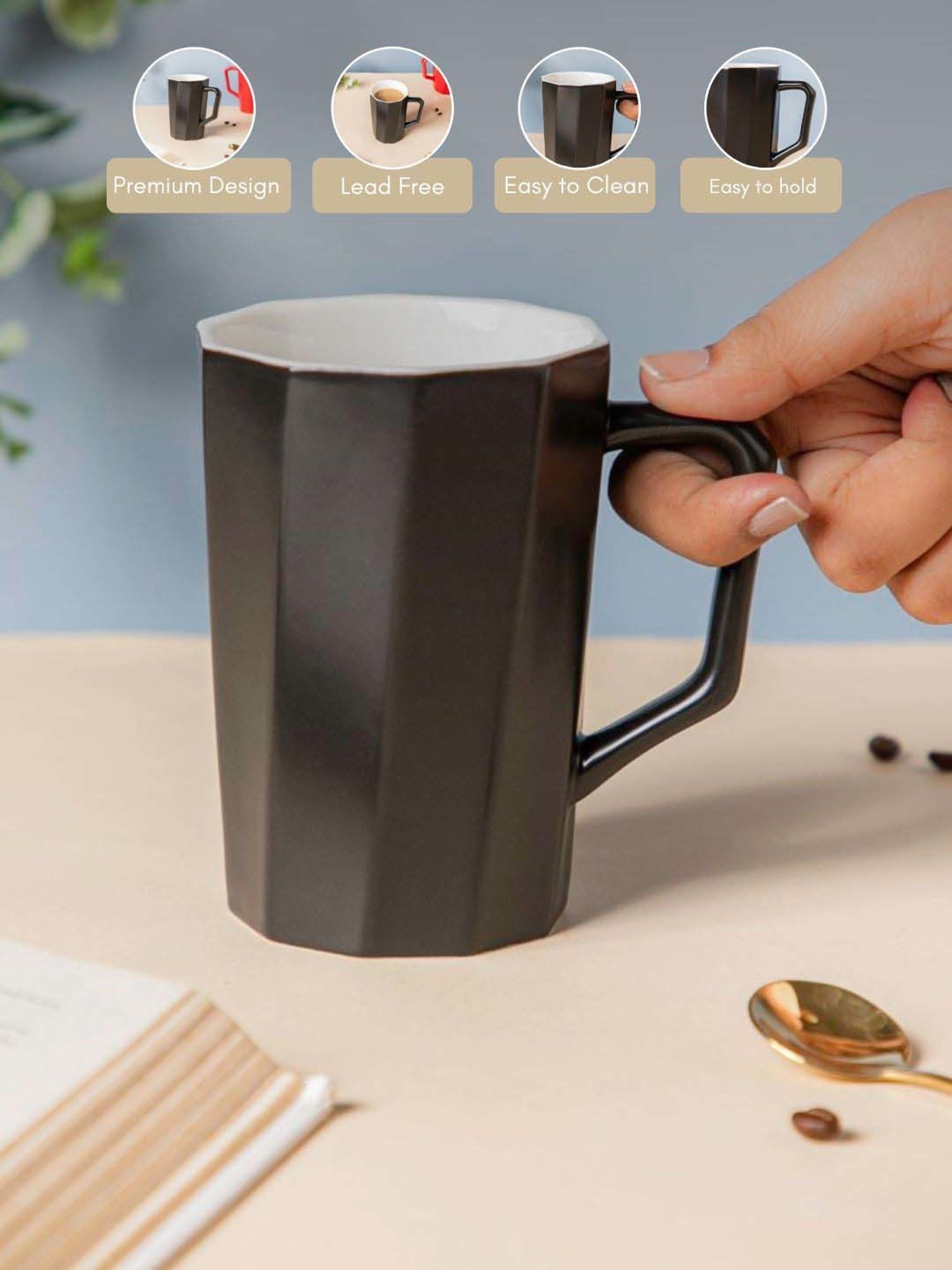 Nestasia Premium Quality Microwave Safe Matt Black & White Ribbed Ceramic Mug, 350ml