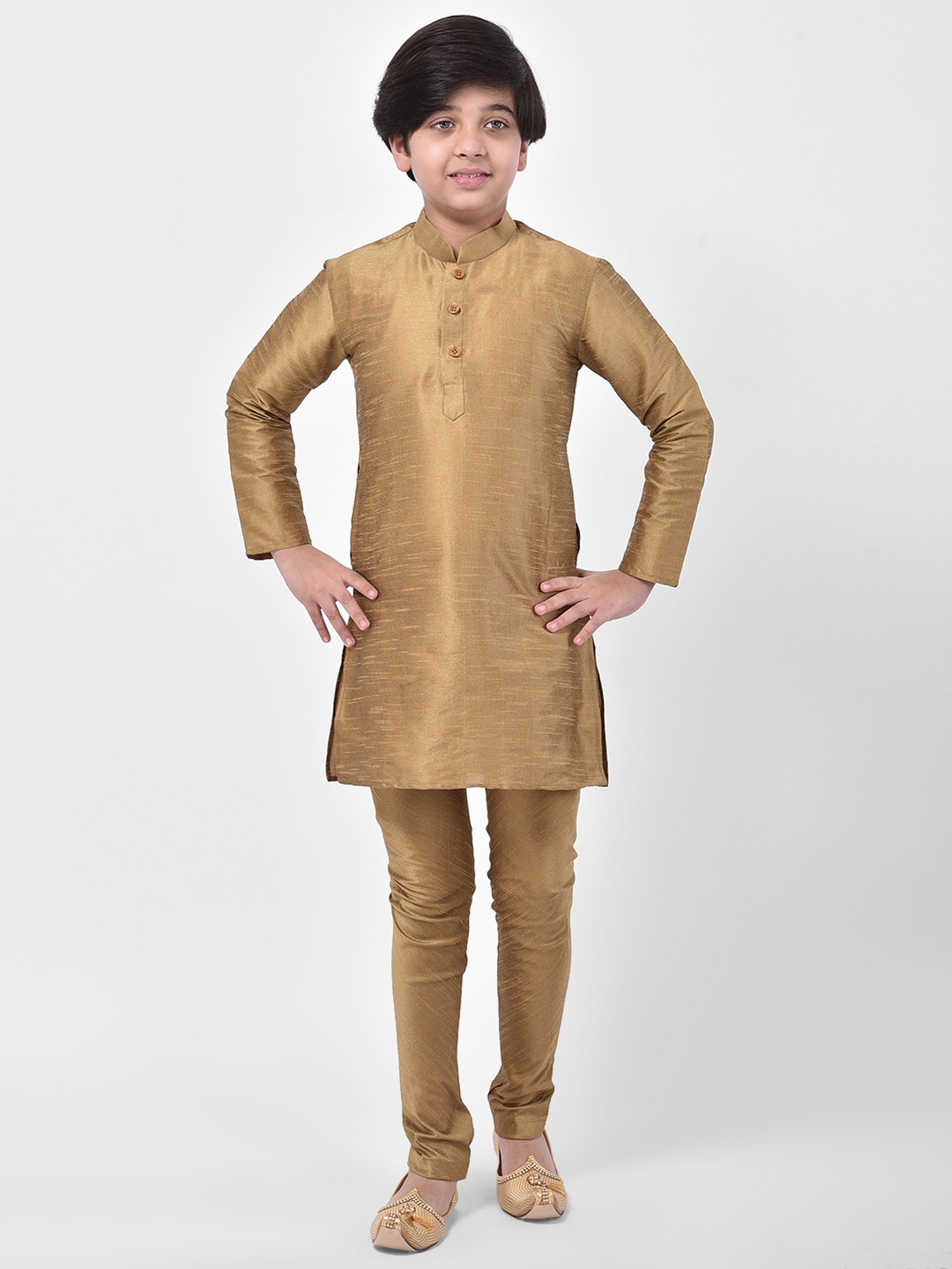 Deyann Kids Brown & Red Self Design Full Sleeves Kurta, Churidar Pants with Nehru Jacket