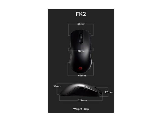 BenQ ZOWIE FK2 Gaming Mouse, Medium Ambidextrous Low Profile Design, Driverless, DPI / Hz / Lift-off Adjustable, Side Buttons, 6 Feet cable