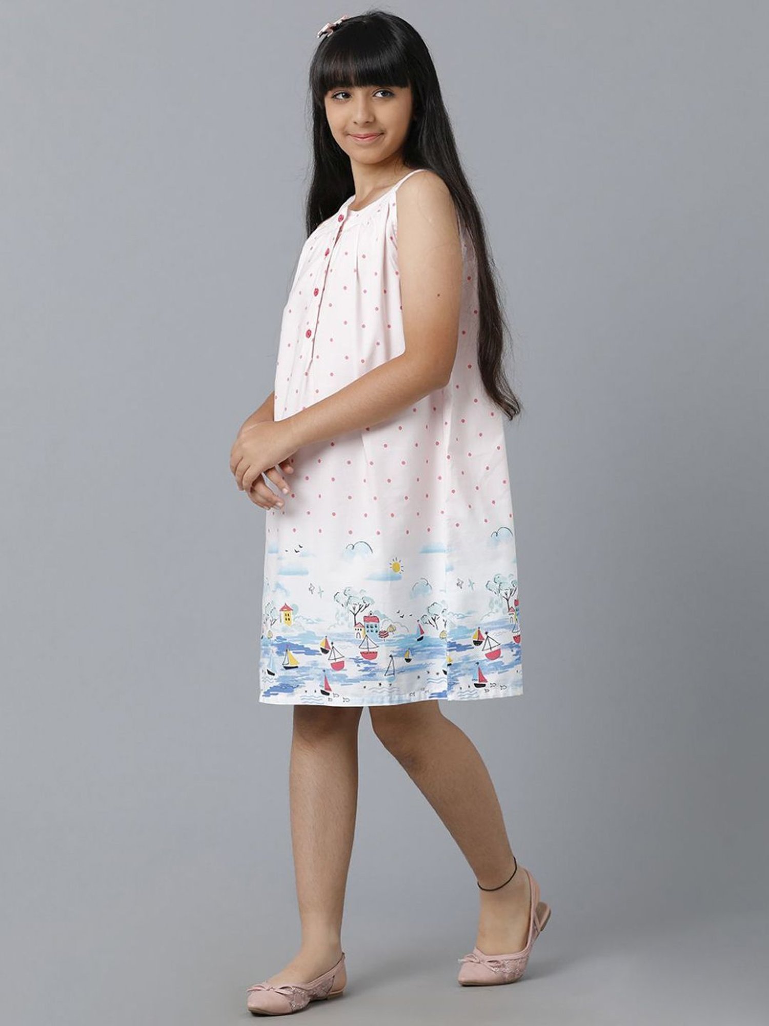 Under Fourteen Only Kids White & Blue Cotton Printed Dress