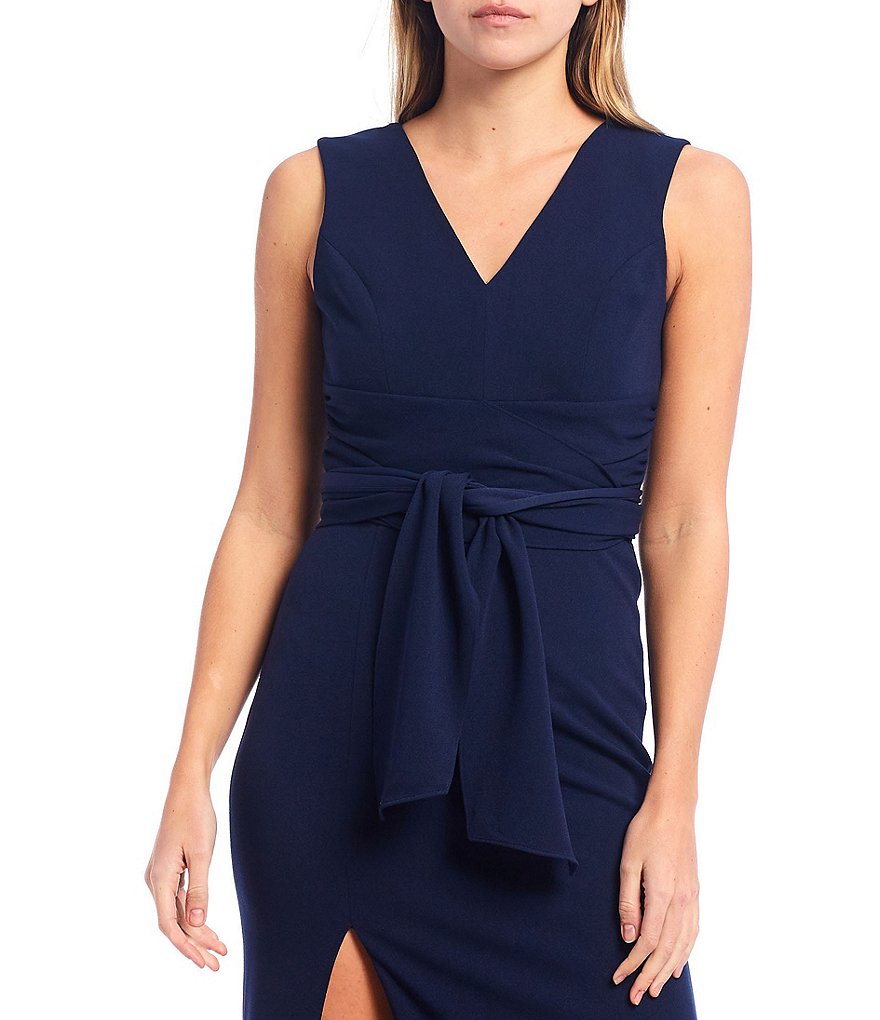 Dress the Population Alessia V-Neck Sleeveless Side Slit Square Back Sheath Dress