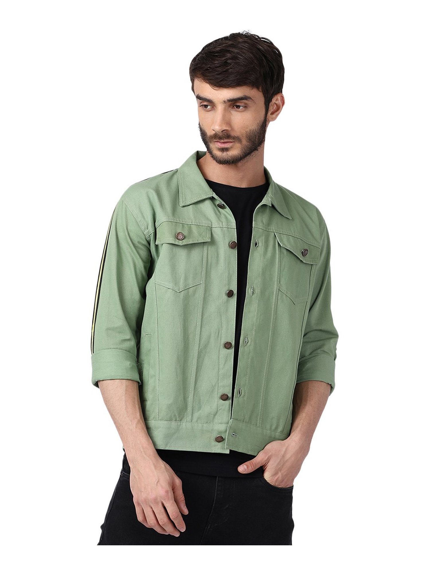 VOXATI Light Green Full Sleeves Shirt Collar Denim Jacket