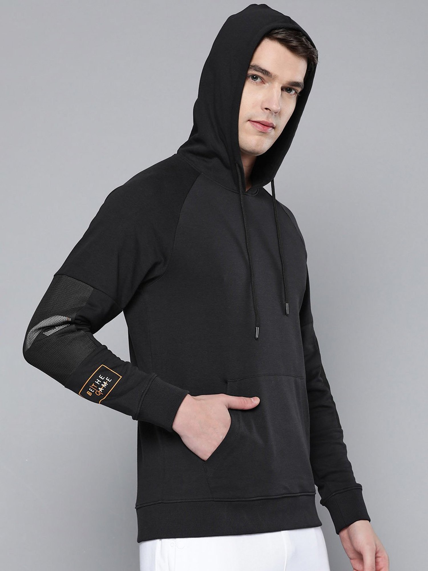 ALCIS Black Regular Fit Printed Hooded Sweatshirt