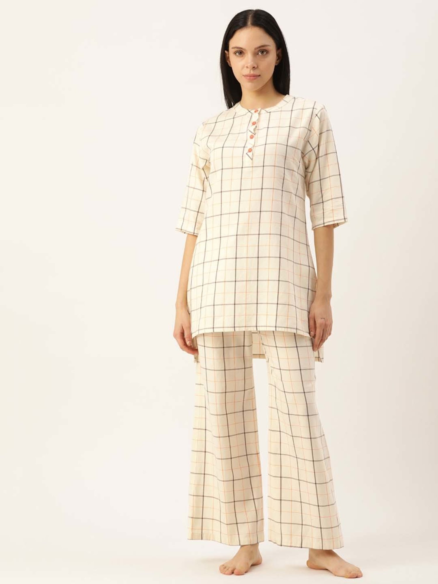 Clt.s Beige Cotton Chequered Kurti Palazzo Set