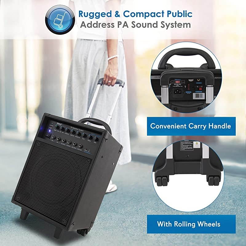Wireless Portable PA System-400W Bluetooth Compatible Rechargeable Battery Powered Outdoor Sound Stereo Speaker Microphone Set w/Handle, Wheels-1/4 to AUX, RCA Cable (PWMA230BT)