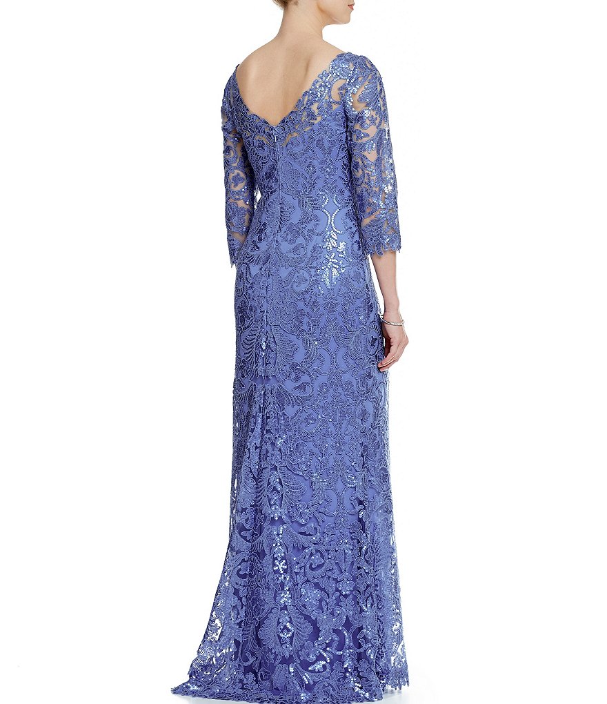 Tadashi Shoji Illusion Sleeve Boat Neck Sequin Corded Lace Gown