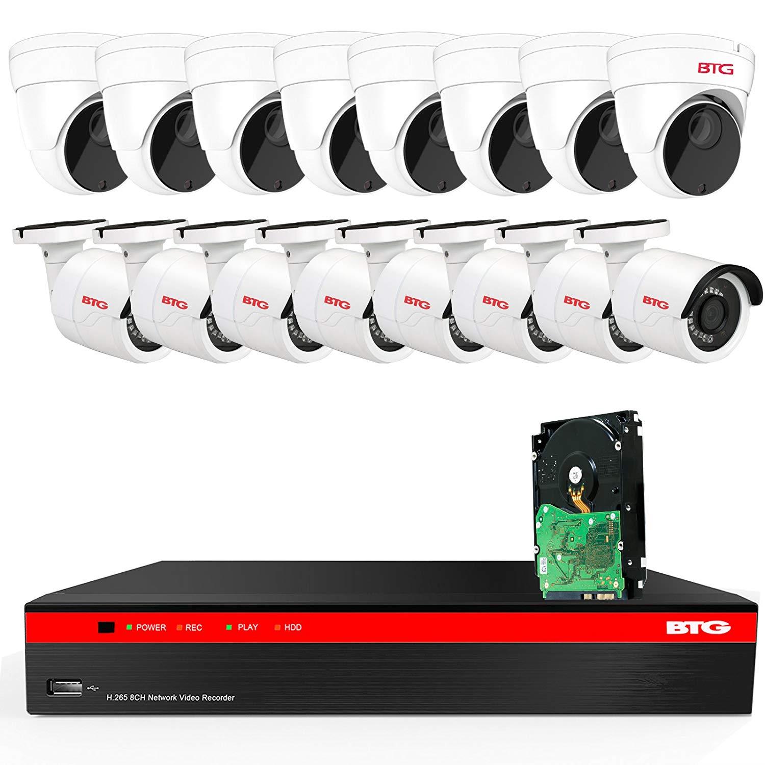 BTG 16CH 4K NVR 12 Cameras Security Camera System Built-in PoE with Outdoor 5MP Surveillance IP PoE 8 Bullet + 8 Dome Cameras HD 2592 x 1944 IR CCTV System H265 2TB HDD