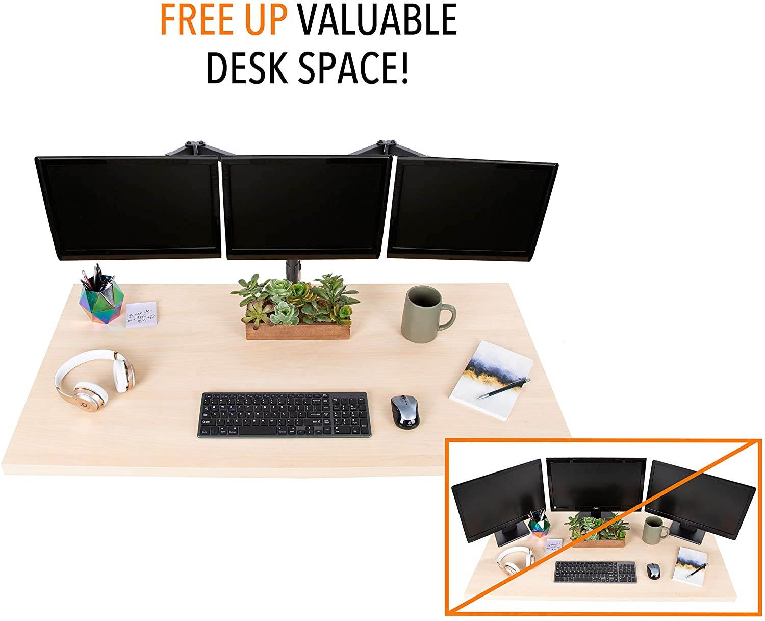 3 Monitor Mount Desk Stand | Height Adjustable Triple Horizontal Monitor Arm with Desk Clamp| Full Articulation VESA Mount Fits Most LCD/LED Monitors 13-26 in. (3 Arm Horizontal Clamp)
