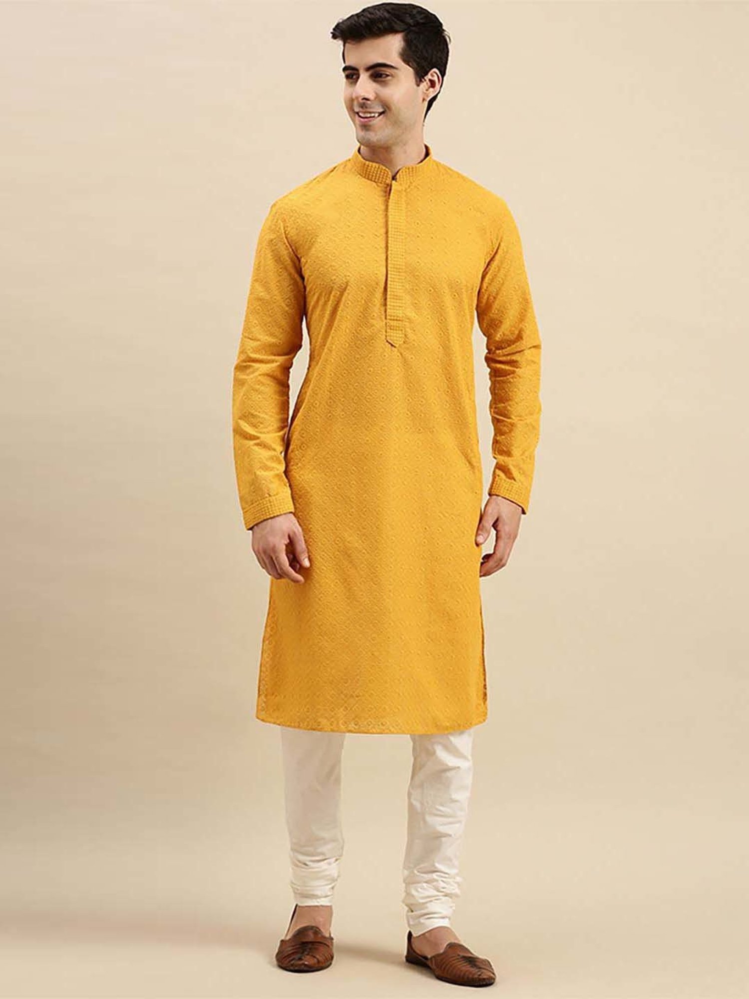 Sanwara Mustard Yellow & White Cotton Regular Fit Chikankari Kurta Bottom Sets