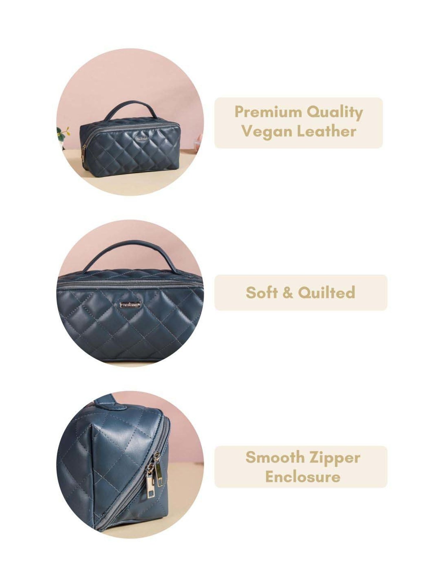 Nestasia Quilted Vegan Leather Blue Color Diagonal Zipper Cosmetic Bag with Multiple Pockets