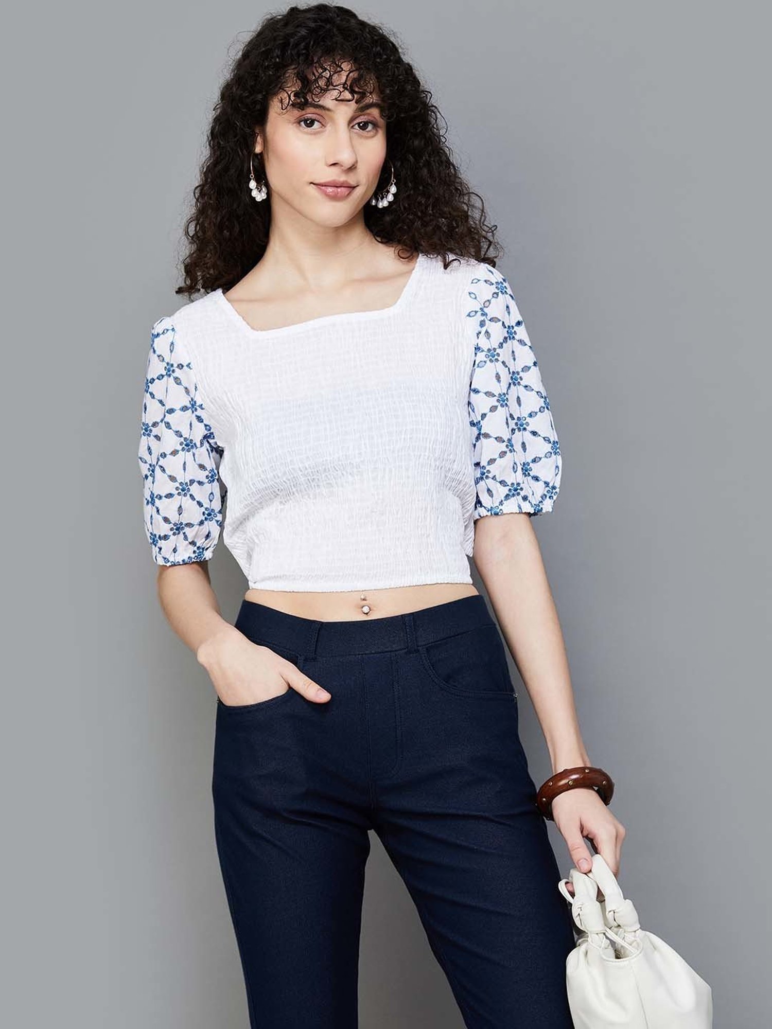 Colour Me by Melange Off-White Cotton Embroidered Crop Top