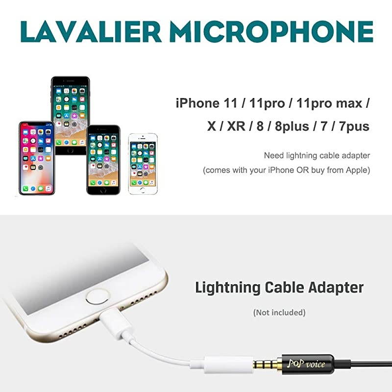 Upgraded Lavalier Lapel Microphone Omnidirectional Condenser Mic for Apple iPhone iPad Mac Android Smartphones Youtube Interview Studio Video RecordingNoise Cancelling Mic