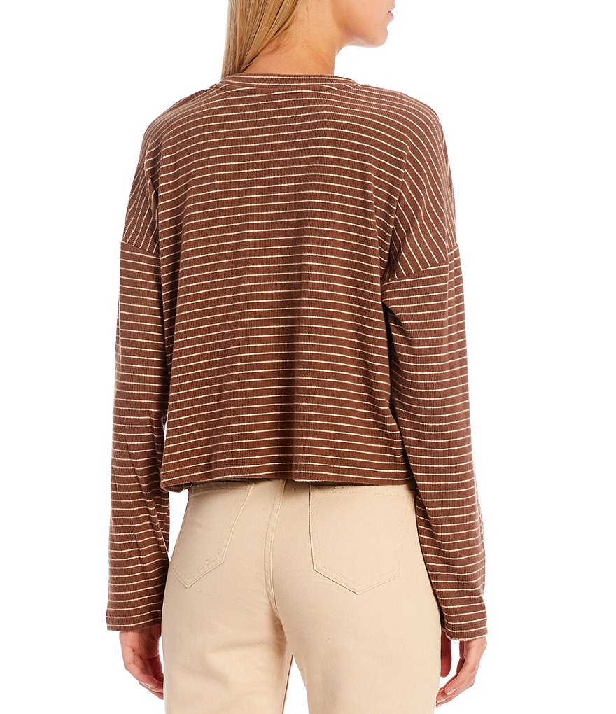 Every Long Sleeve Drop Shoulder Crew Neck Striped Cropped Tee