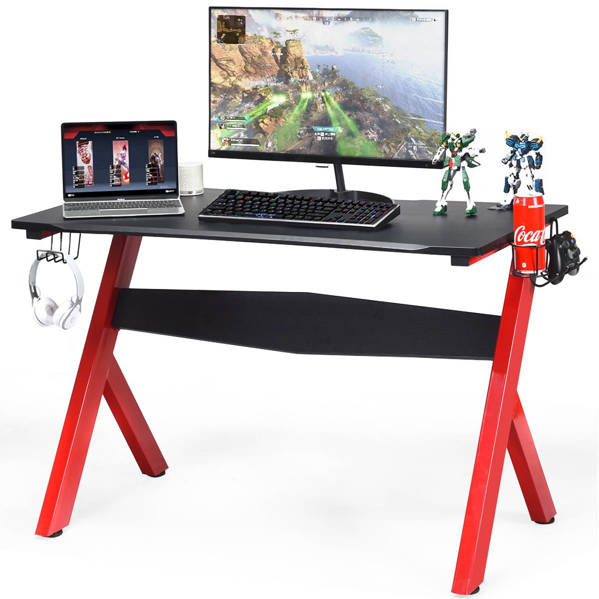 Gaming Desk Computer Desk w/Controller Stand Cup Holder Headphone Hook Mouse Pad