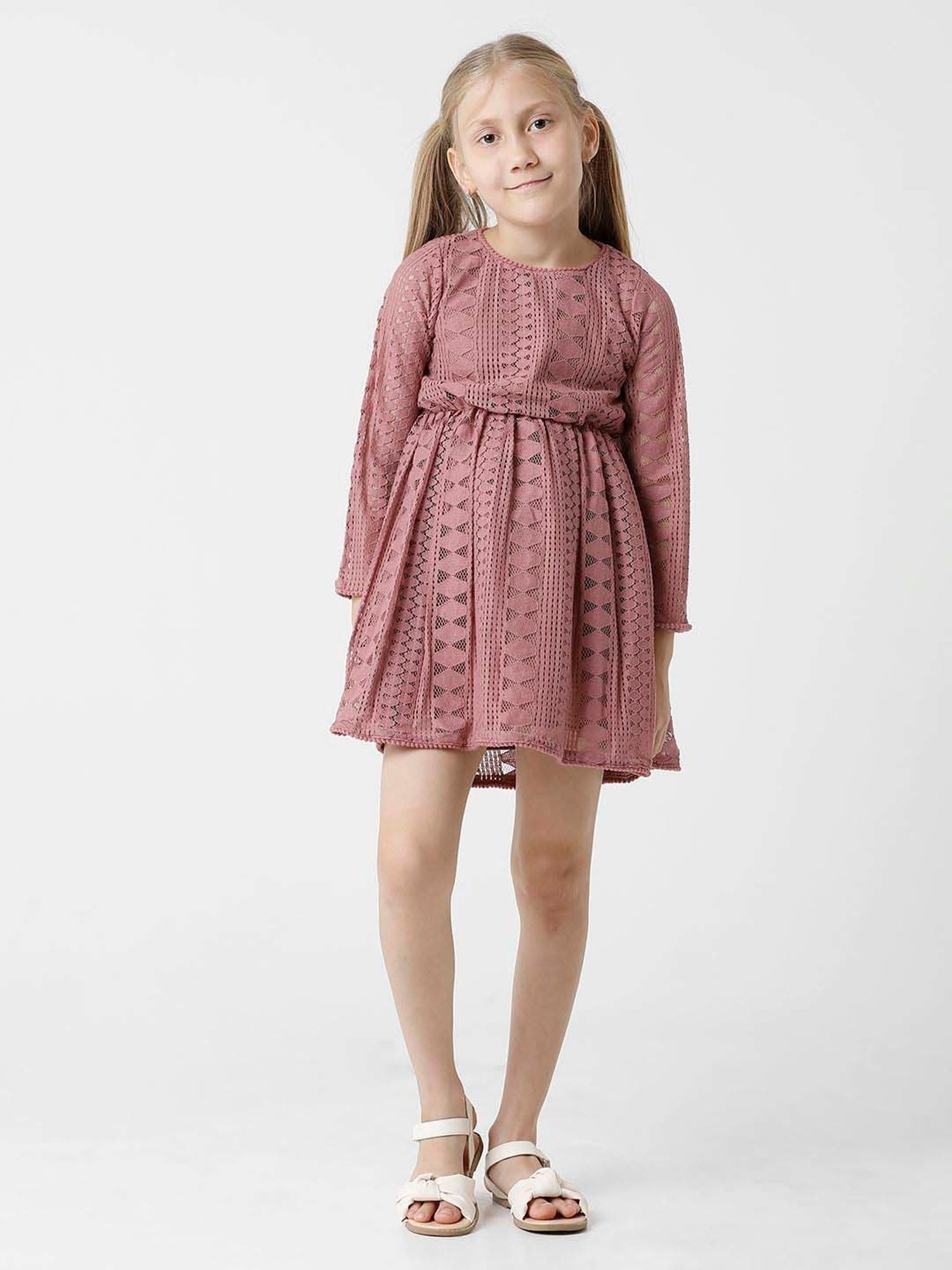 Kate & Oscar Kids Pink Embroidered Full Sleeves Dress
