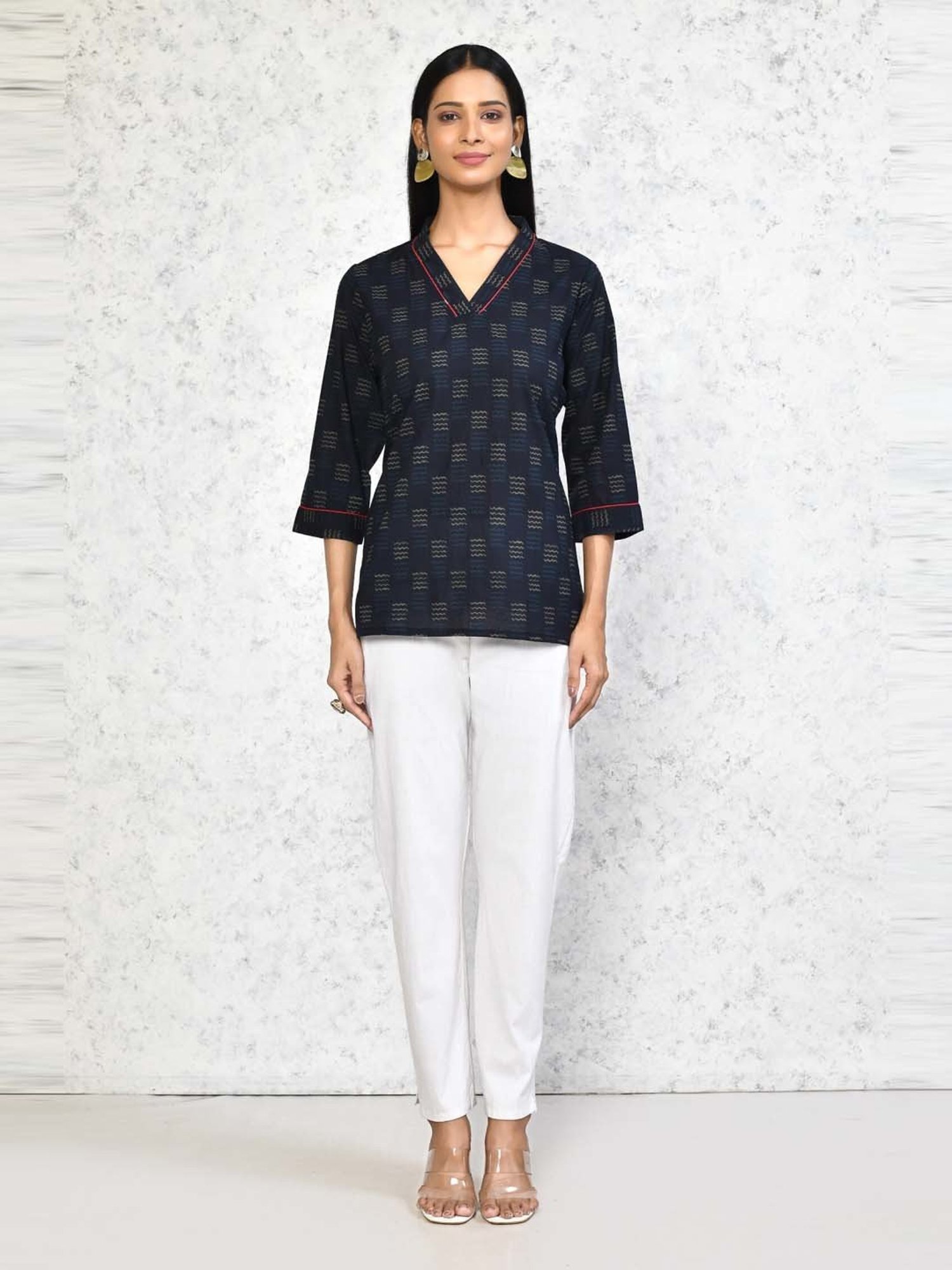 Miravan Blue Cotton Printed A Line Short Kurti
