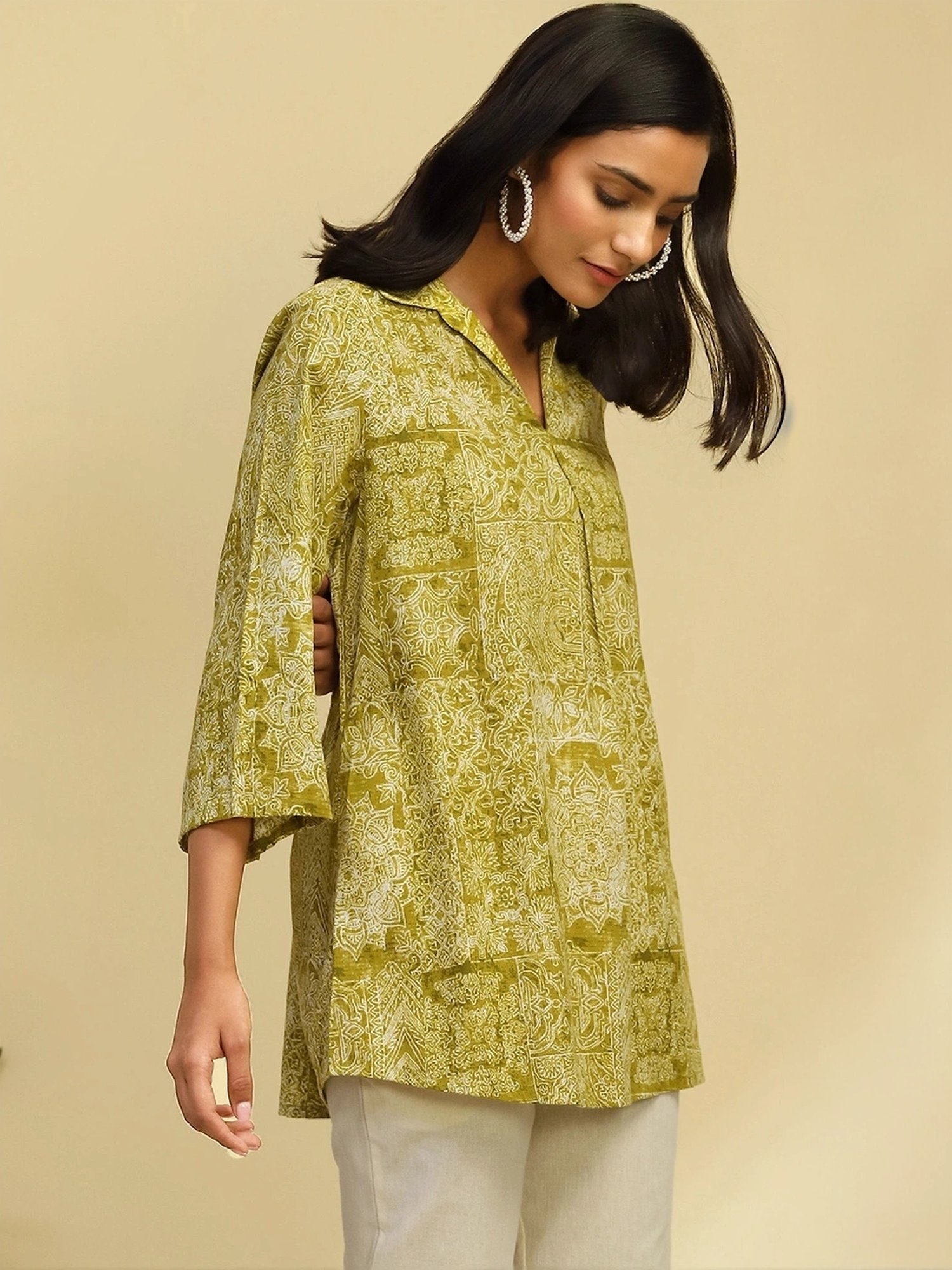 Biba Green Printed A Line Short Kurti