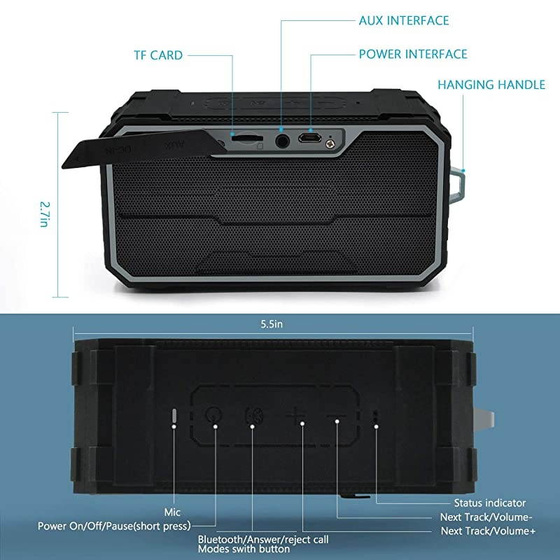Portable Bluetooth Speaker IPX6 Waterproof Wireless Speaker with 10W HD Stereo Sound Rich Bass 10H Playtime Builtin Mic and AUXSD Input for Shower Pool Outdoor Travel